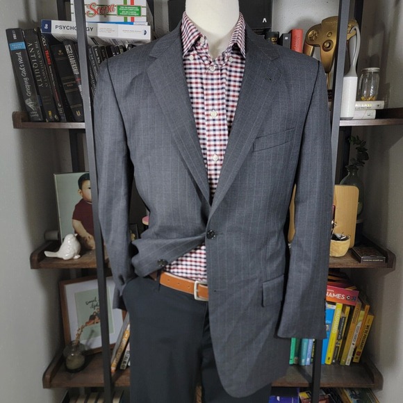 Joseph Abboud Mens Sport Coat Two Button Gray Striped Twill 100s Wool Size‎ 39L